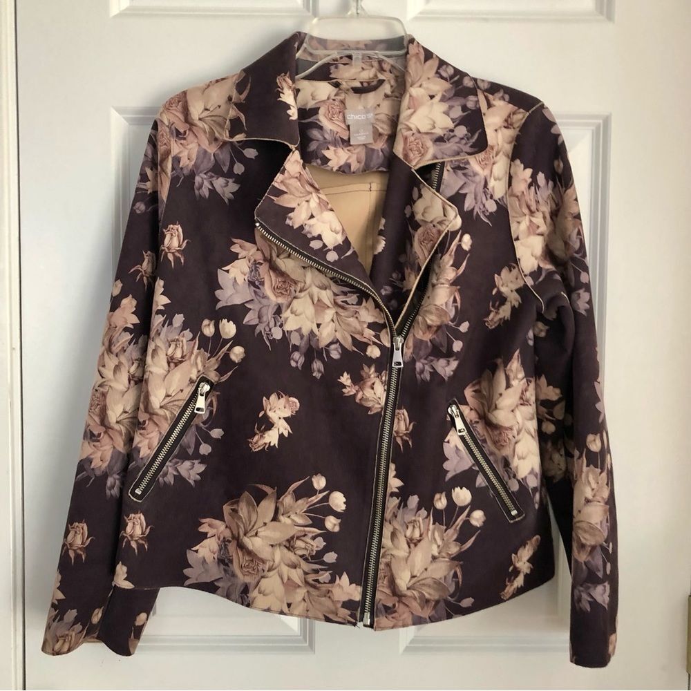 CHICO'S FLORAL PRINT FAUX SEDUE SIZE 0 (SMALL 4) MOTORCYCLE JACKET ZIPPER CLOSUR